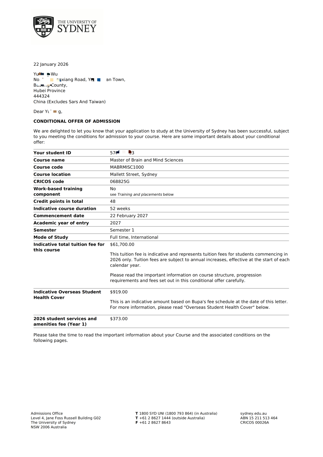 双喜临门 | 祝贺武同学同时斩获世界名校悉尼大学和伯明翰大学硕士录取！